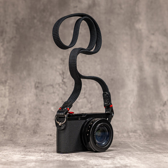 No Slice Steel Core Flat Rope Camera Strap - Black with Red Accent