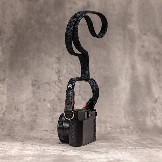 No Slice Steel Core Flat Rope Camera Strap - Black with Red Accent