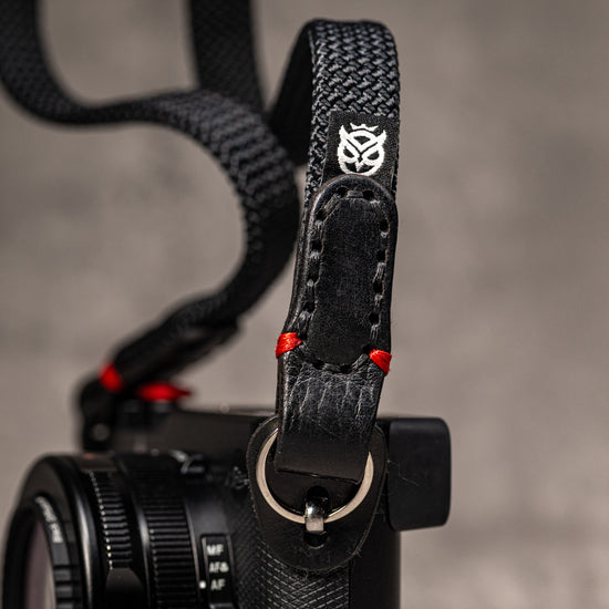 No Slice Steel Core Flat Rope Camera Strap - Black with Red Accent