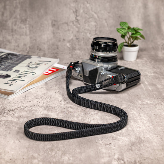No Slice Steel Core Flat Rope Camera Strap - Black with Red Accent