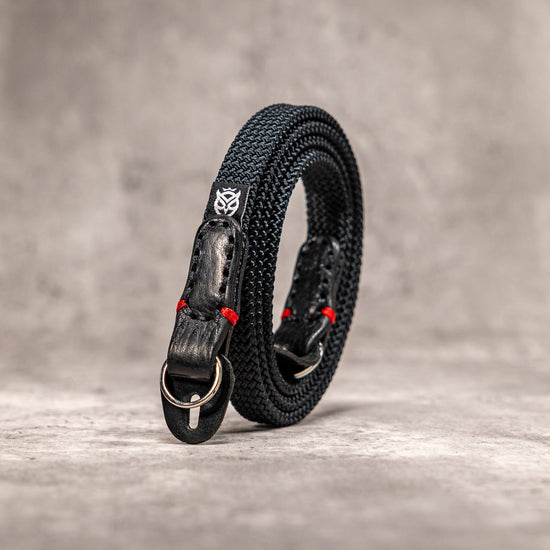 No Slice Steel Core Flat Rope Camera Strap - Black with Red Accent