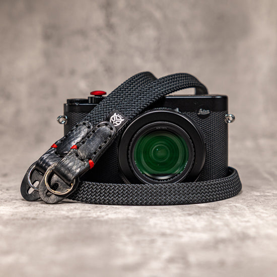 No Slice Steel Core Flat Rope Camera Strap - Black with Red Accent