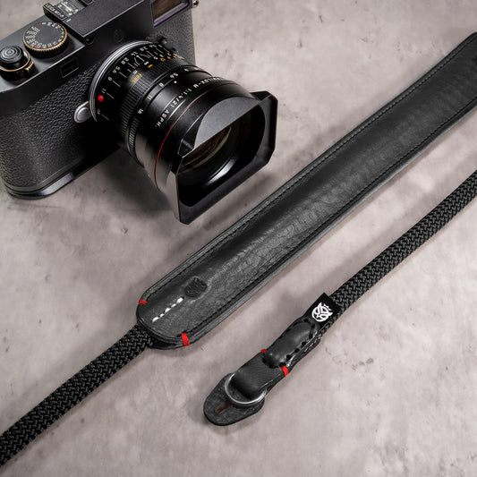 Classic Round Rope Padded Camera Strap - Black with Red Accent