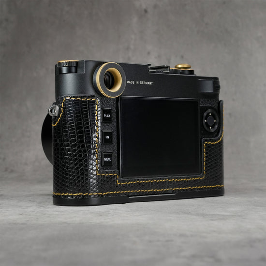 Back three-quarter view of the camera in a black gloss lizard FlexCase