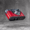 Red python FlexCase on a Leica M11, low three-quarter view of the Black Chrome base plate