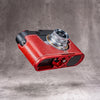 OxBlood anodized base plate on the Ruby Gloss FlexCase, angled to show the concealed Arca profile