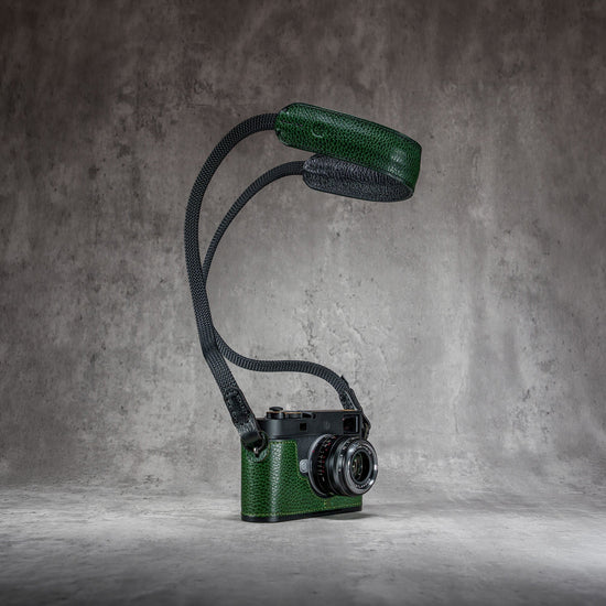The Emerald Gloss FlexCase on a Leica M with the matching Classic Flat Padded Rope camera strap