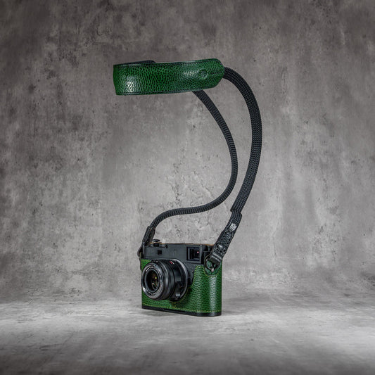 The Emerald Gloss FlexCase on a Leica M with the matching Classic Flat Padded Rope camera strap