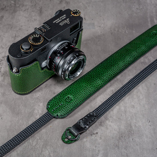 The Emerald Gloss FlexCase on a Leica M with the matching Classic Flat Padded Rope camera strap
