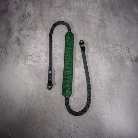 The Emerald Gloss FlexCase on a Leica M with the matching Classic Flat Padded Rope camera strap