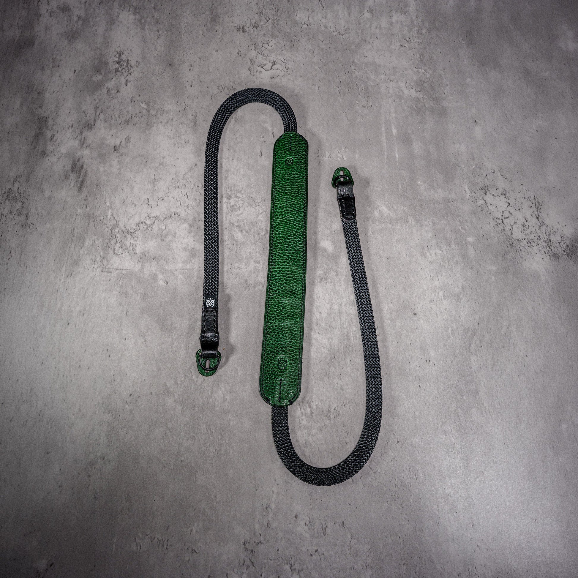 The Emerald Gloss FlexCase on a Leica M with the matching Classic Flat Padded Rope camera strap