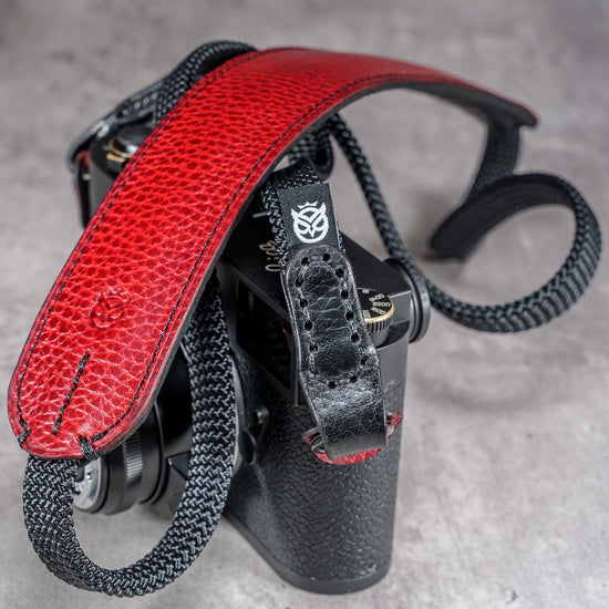 The Ruby Gloss FlexCase on a Leica M with the matching Classic Flat Padded Rope camera strap