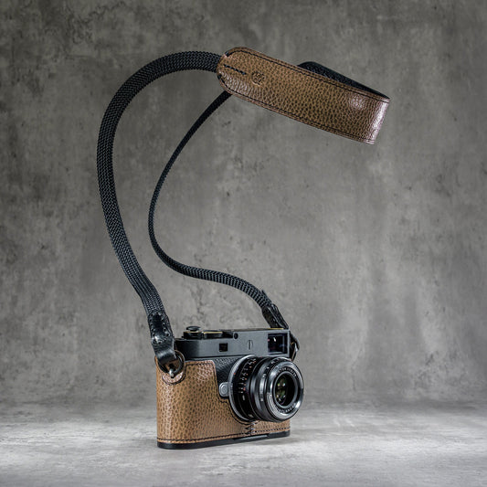 The Taupe Gloss FlexCase on a Leica M with the matching Classic Flat Padded Rope camera strap