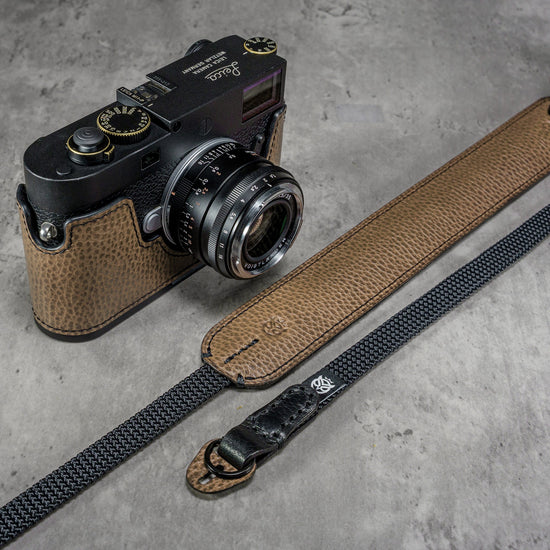The Taupe Gloss FlexCase on a Leica M with the matching Classic Flat Padded Rope camera strap