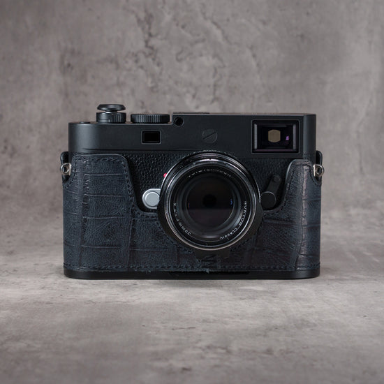 Black Swamp FlexCase on a Leica M camera, straight front view