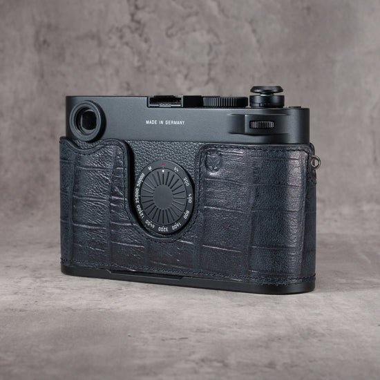 Leica M11 D in the Black Swamp FlexCase, rear three-quarter view from the left