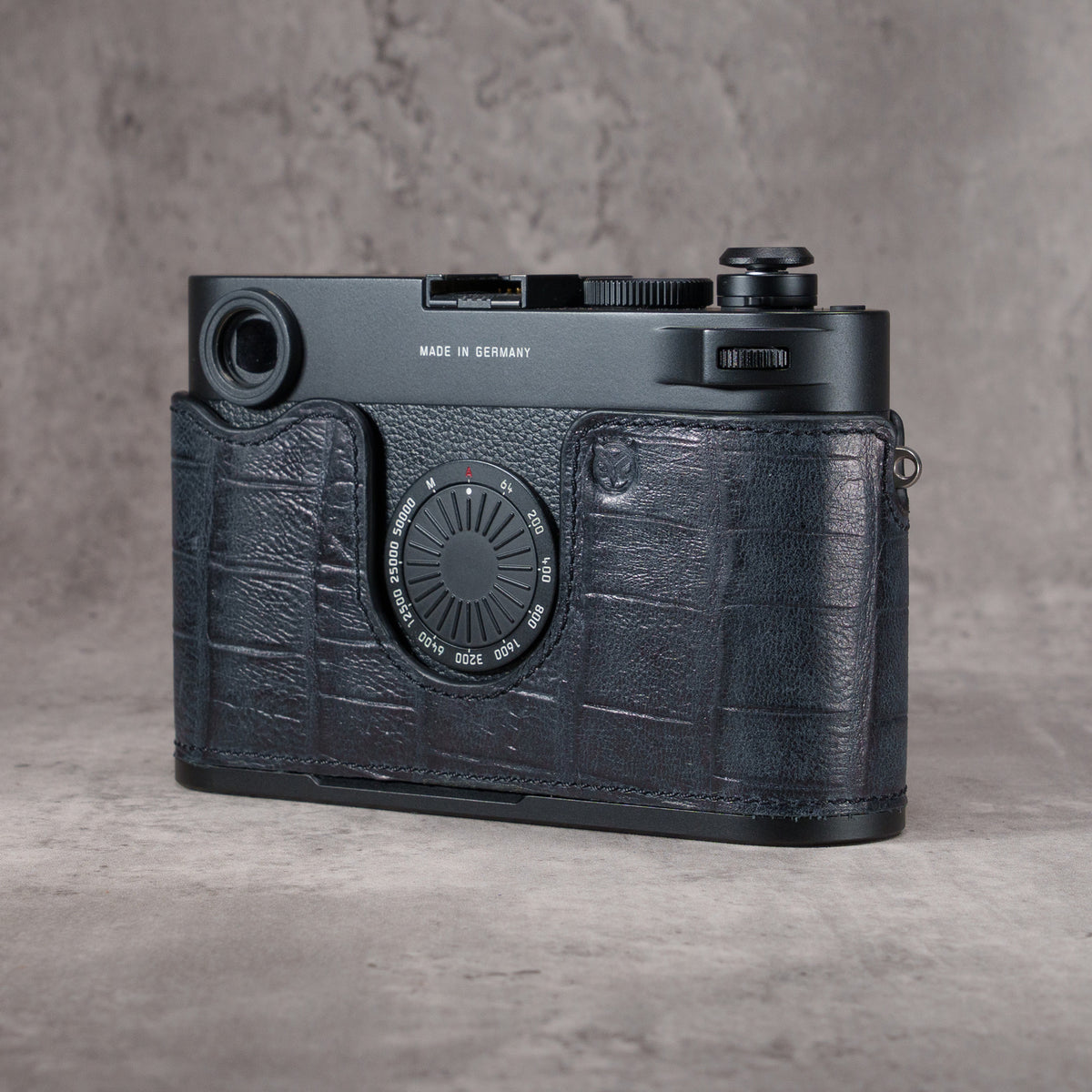 Leica M11 D in the Black Swamp FlexCase, rear three-quarter view from the left