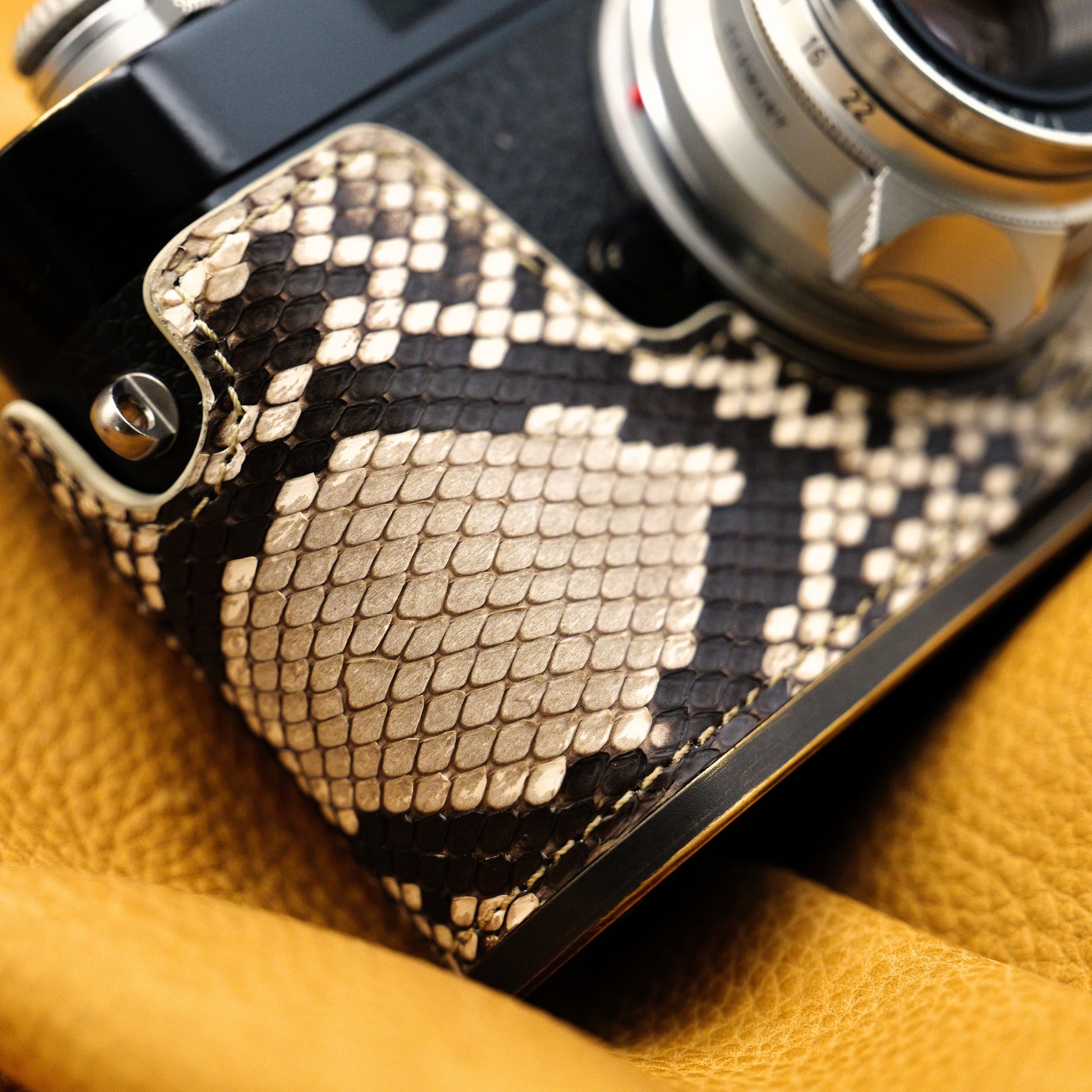 Python scales and the strap lug of the FlexCase, seen from above