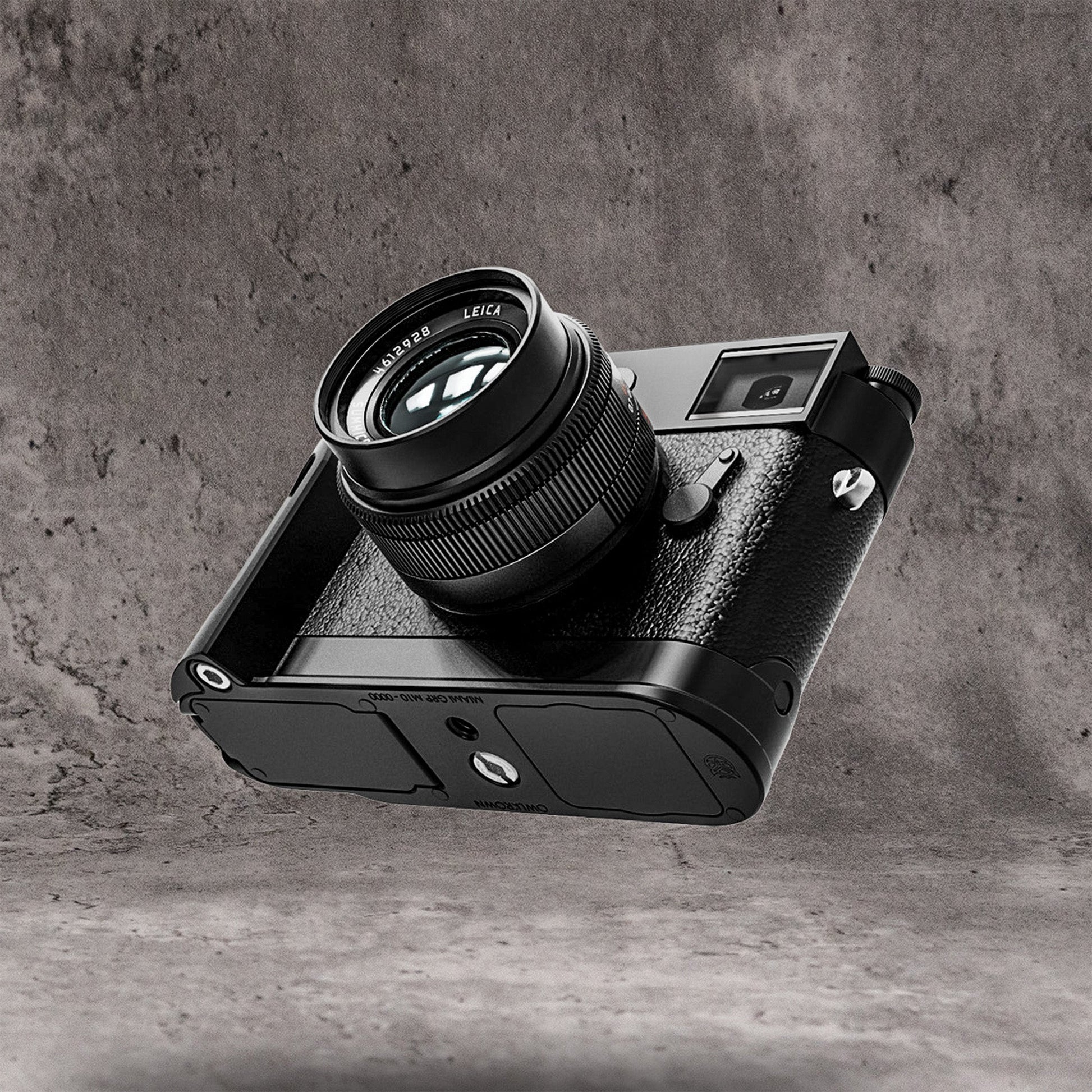 The Leica M10 with the FlexGrip fitted, tilted to show the base of the plate