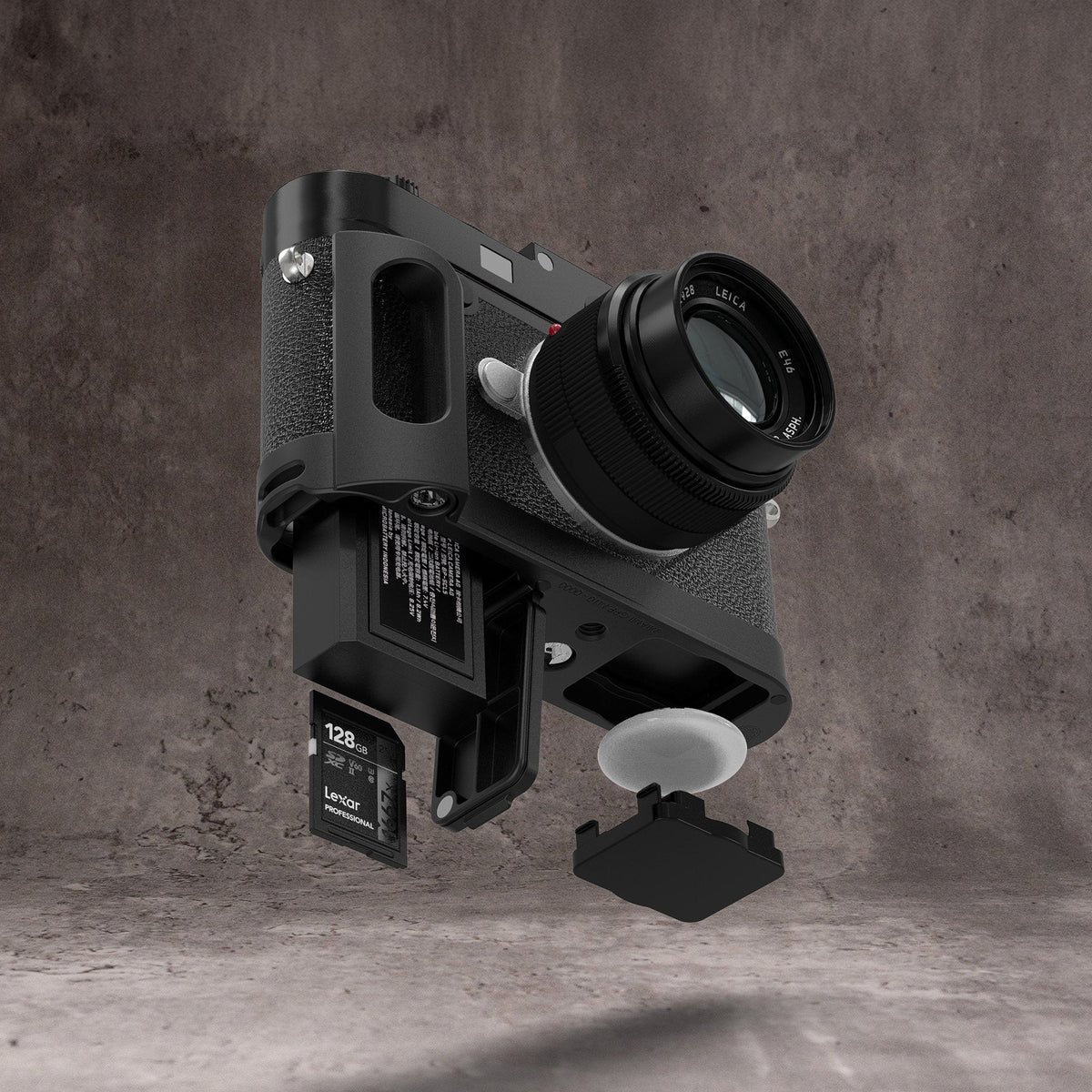 Black Chrome FlexGrip shown apart from the Leica M10 with the plate, memory card and cap