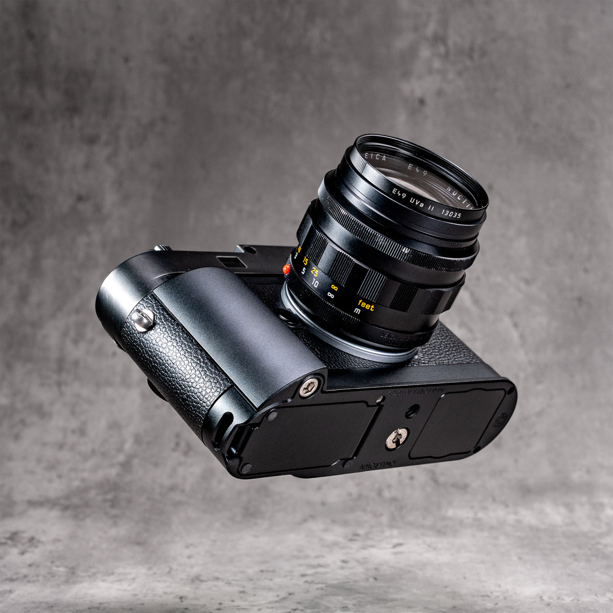 Leica M10 with the Black Chrome FlexGrip, seen from below at an angle
