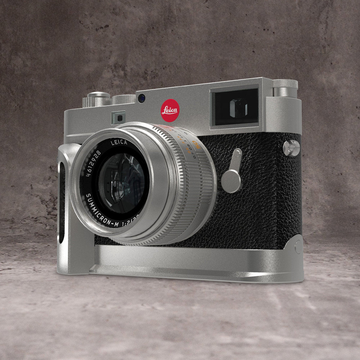 Silver Chrome FlexGrip fitted to a Leica M10, front three quarter view