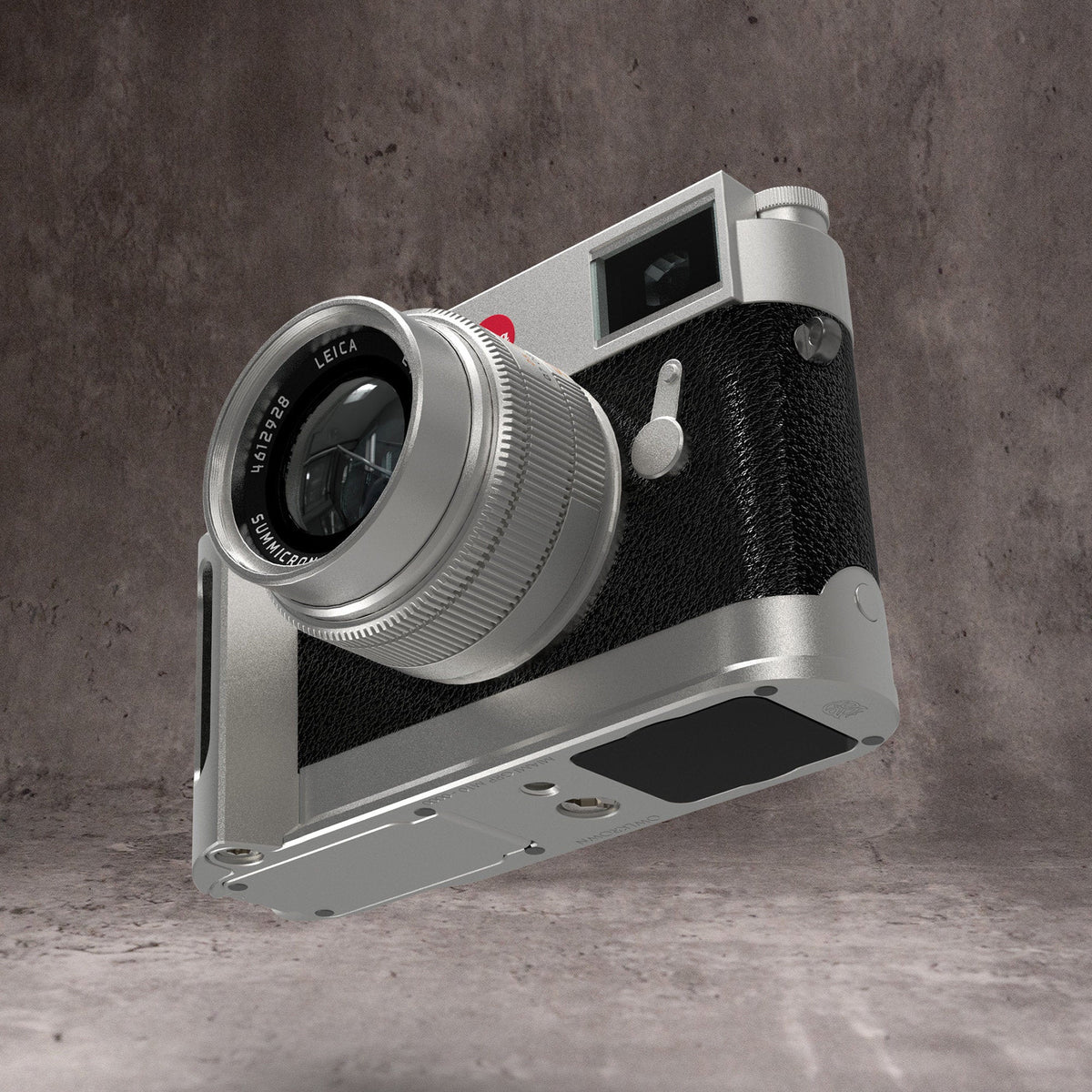 Silver Chrome FlexGrip fitted to a Leica M10, front three quarter view with the lens