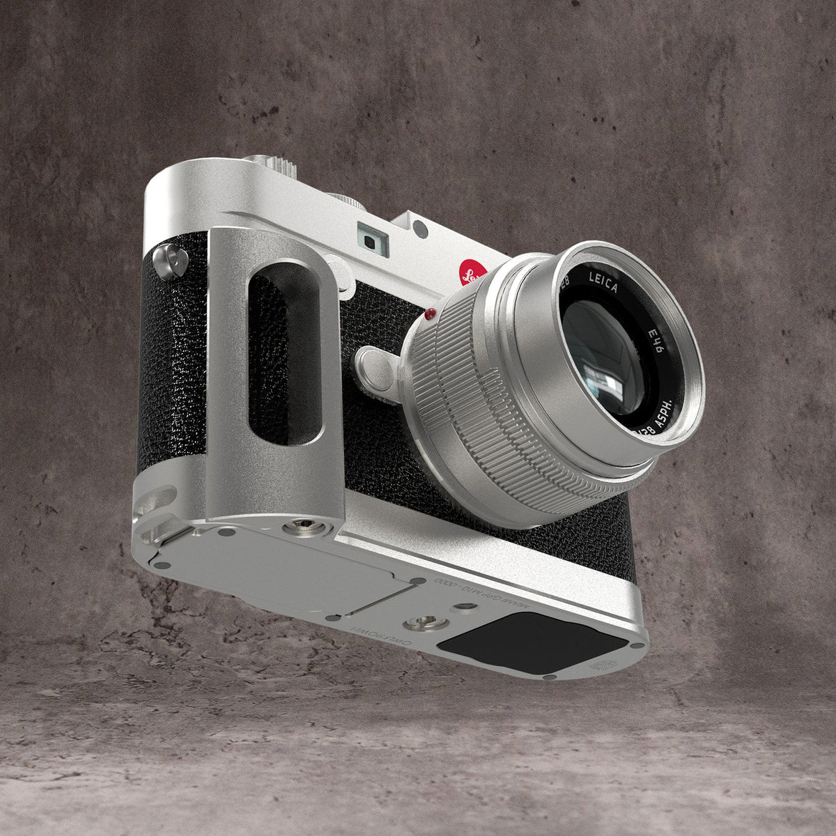 Silver Chrome FlexGrip fitted to a Leica M10, seen at three quarters with the lens forward