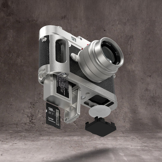 Silver Chrome FlexGrip shown apart from the Leica M10 with the plate, memory card and cap