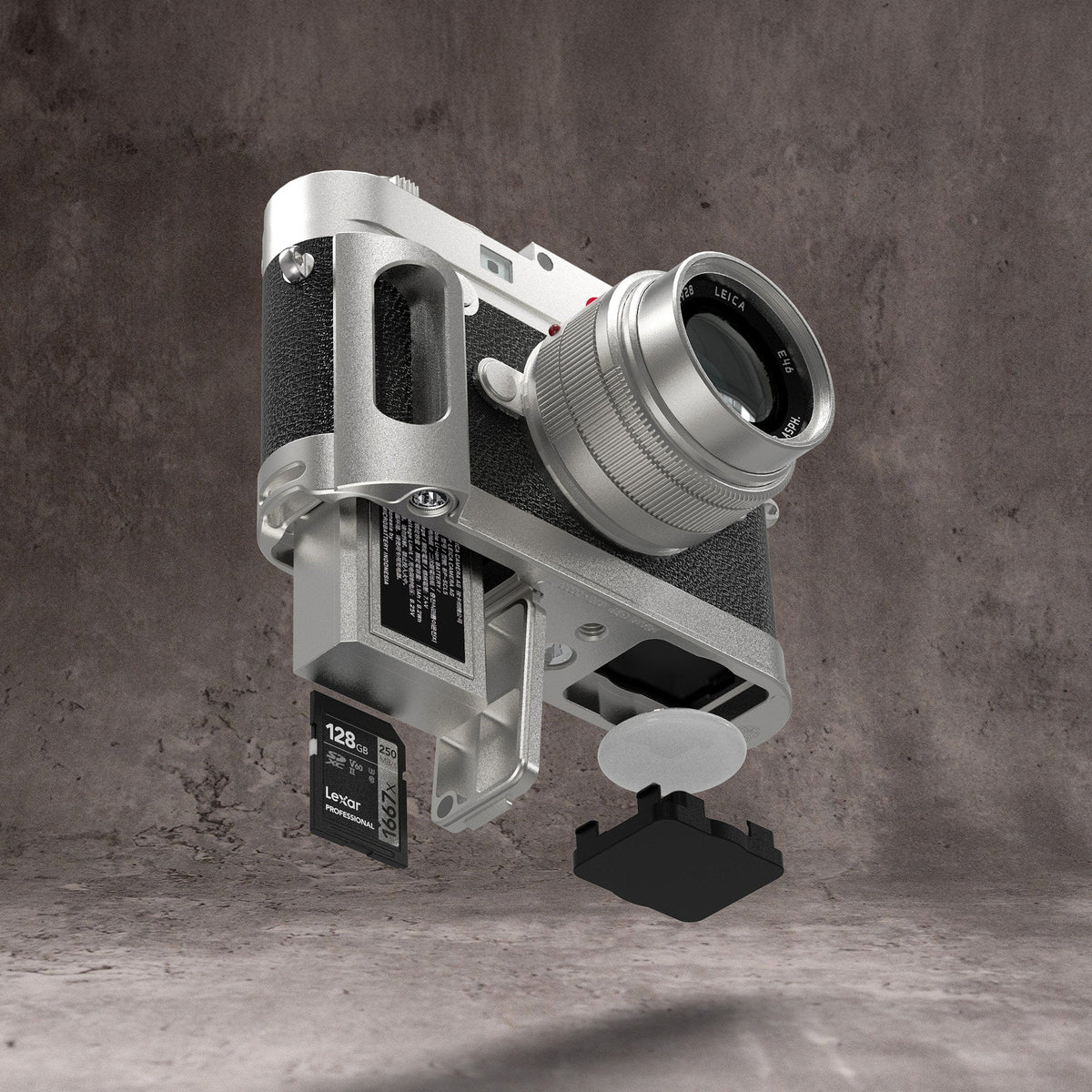 Silver Chrome FlexGrip shown apart from the Leica M10 with the plate, memory card and cap