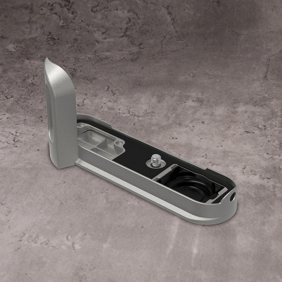The Silver Chrome FlexGrip for the Leica M10 with its access door raised