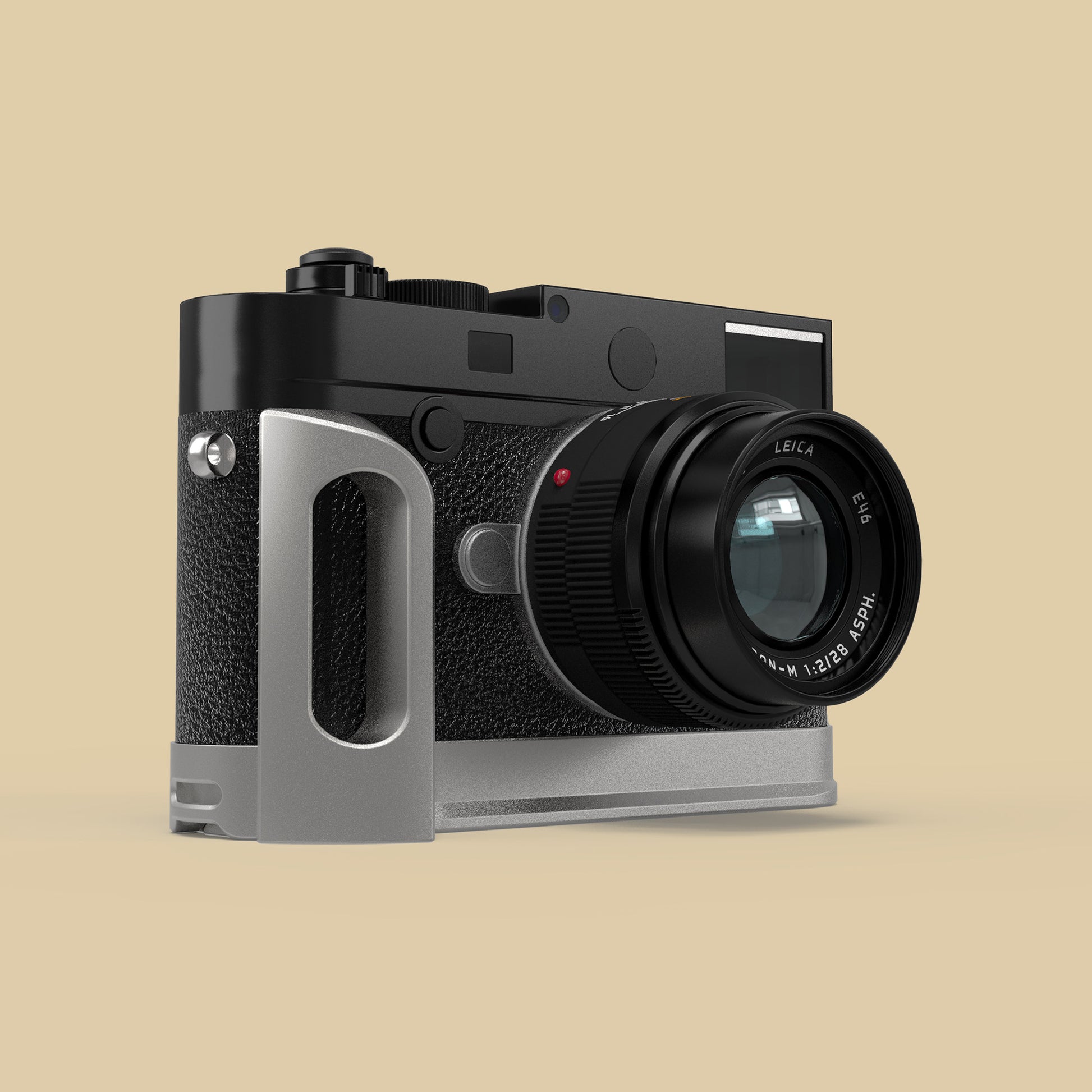 The Leica M10 with the Silver Chrome FlexGrip fitted, front three quarter view