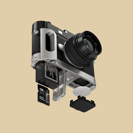 The Leica M10 with the Silver Chrome FlexGrip and its memory card compartment shown apart