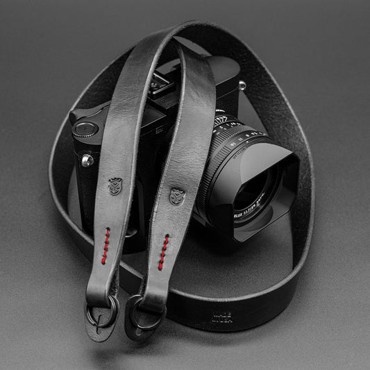 Helliot Leather Camera Strap - Black with Red Accent