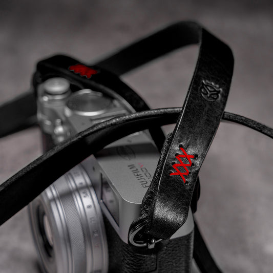 Noboru Leather Camera Strap For Small Lug Cameras - Black & Red Accent