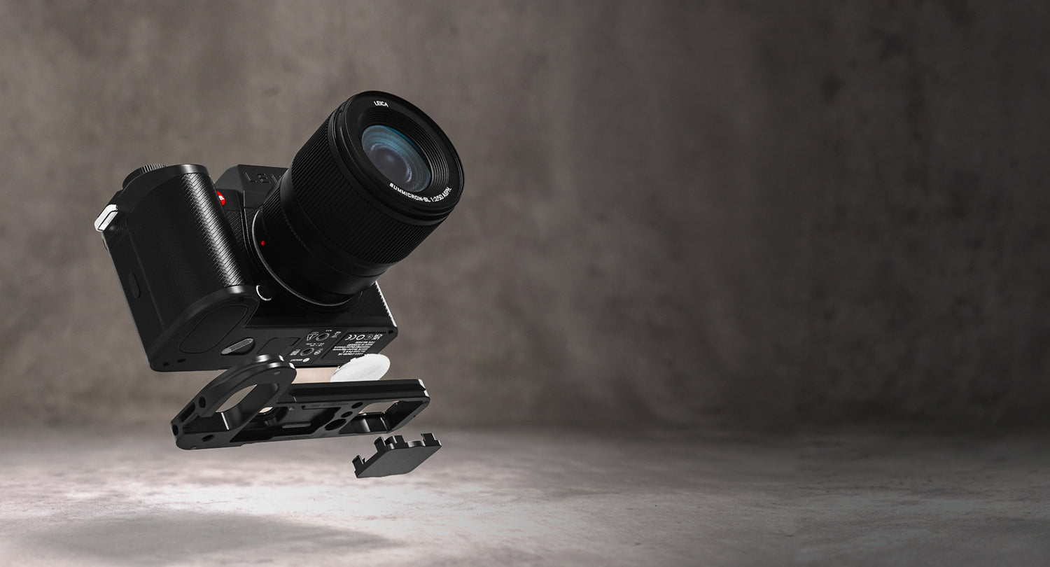Leica SL3 with the Owlkrown Modular FlexPlate shown exploded beneath the camera body