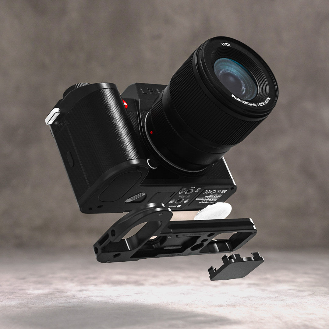 Leica SL3 with the Owlkrown Modular FlexPlate shown exploded beneath the camera body