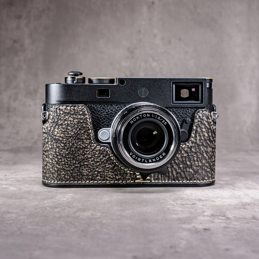 A Leica M11 in the Buffalo SlimCase, photographed from the front