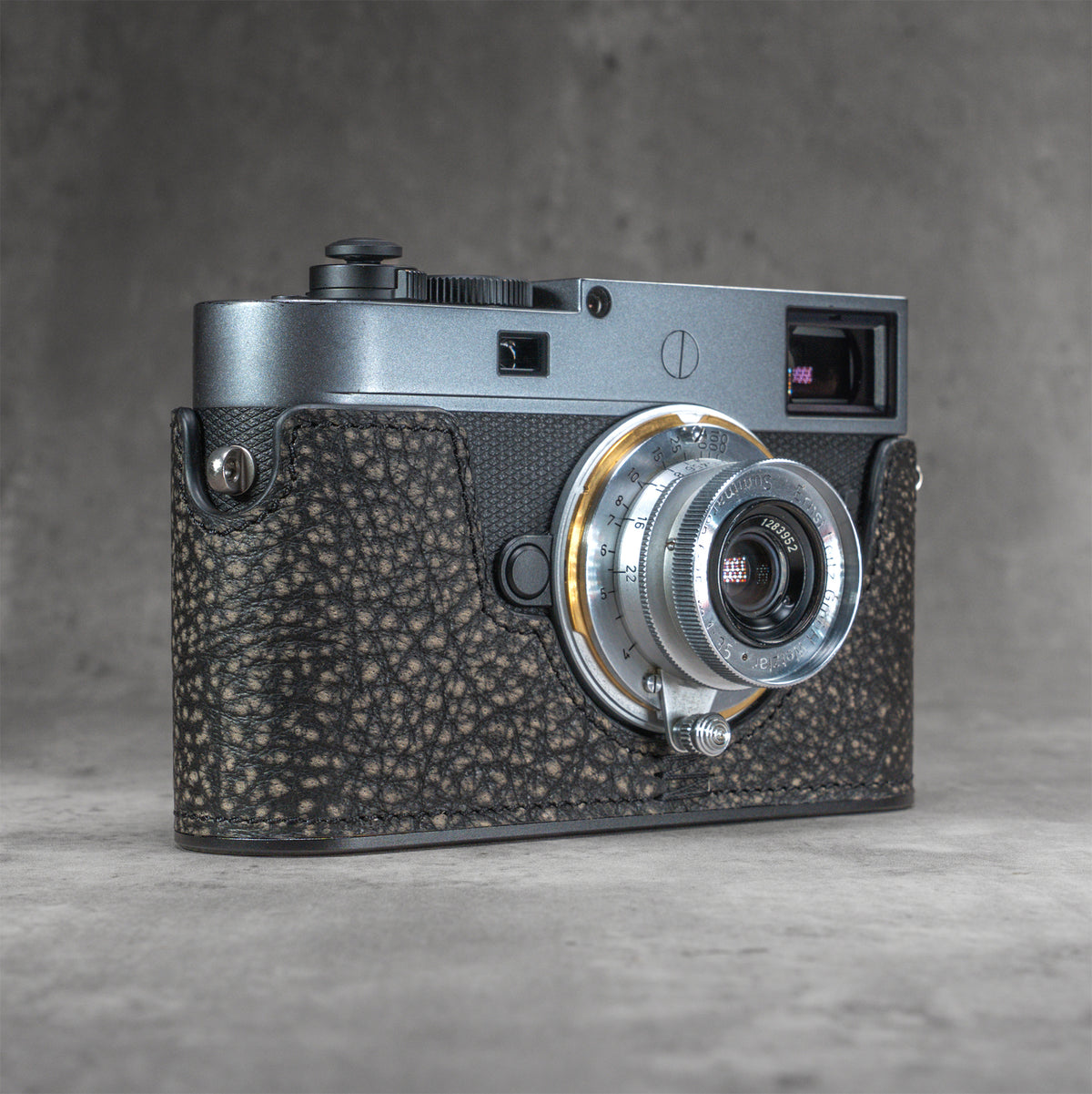 A Leica M11 in the Buffalo SlimCase, three quarter view from the front