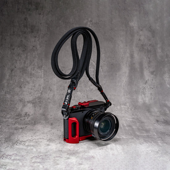 Travel Kit for Leica Q2 and Q3 in OxBlood, camera on the strap