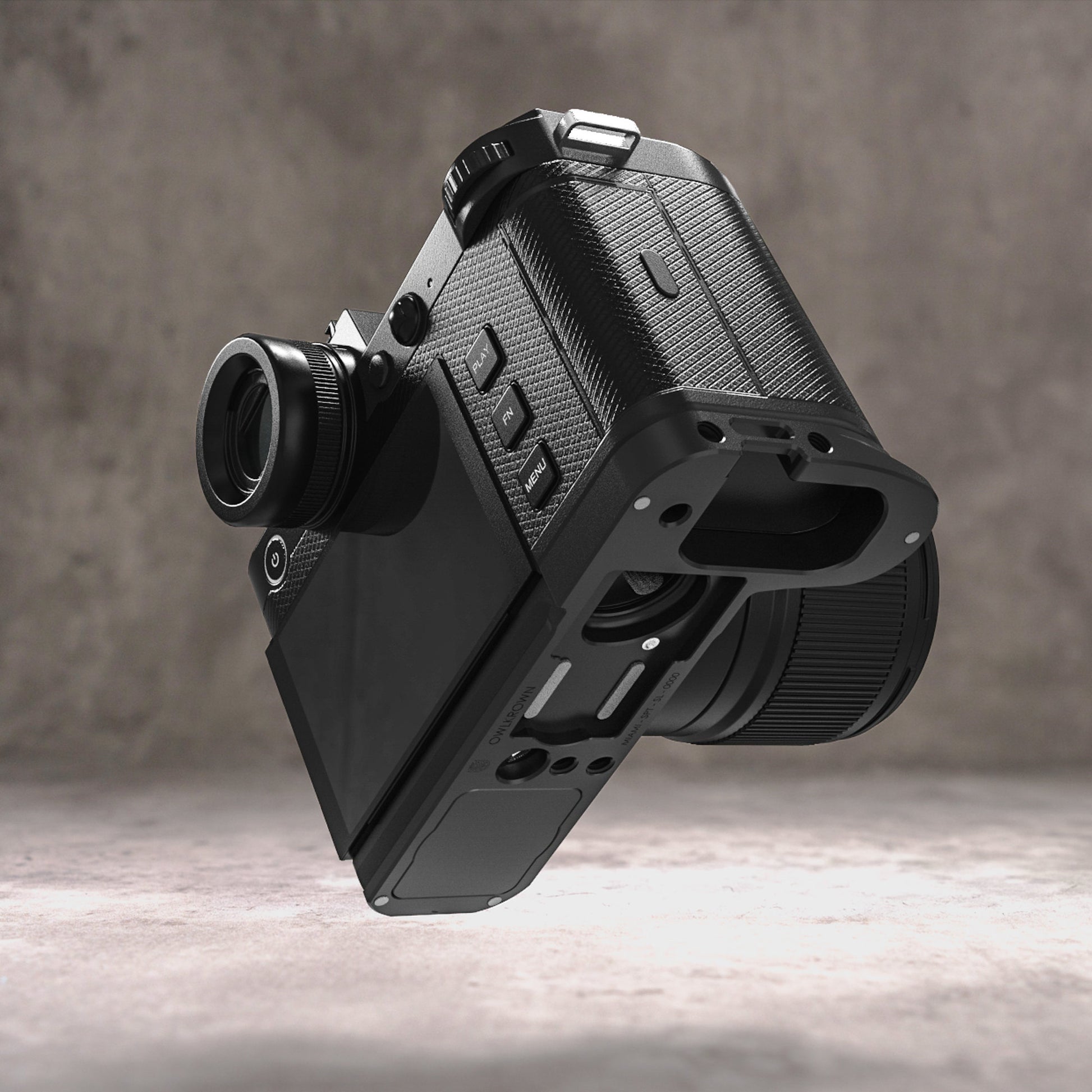 Leica SL3 tilted back to show the underside of the Owlkrown FlexPlate and its mounting points