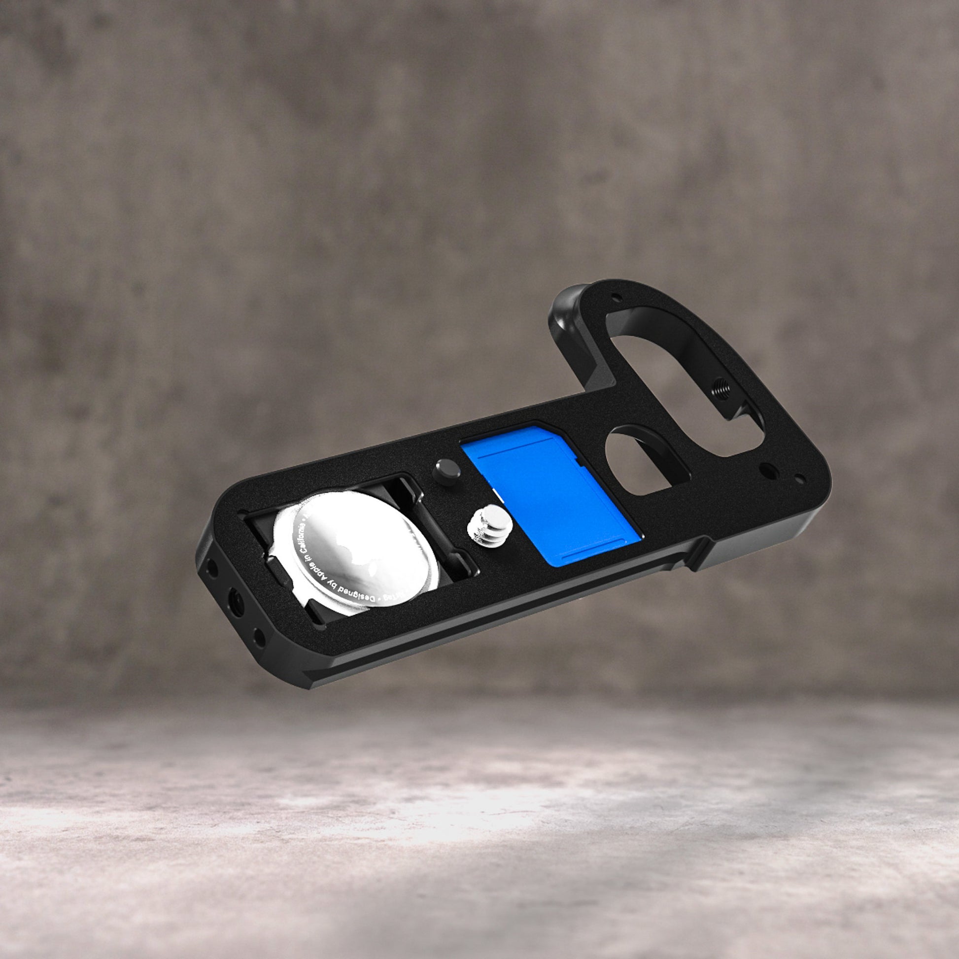 Owlkrown FlexPlate for Leica SL3 with an AirTag and an SD card seated in their compartments