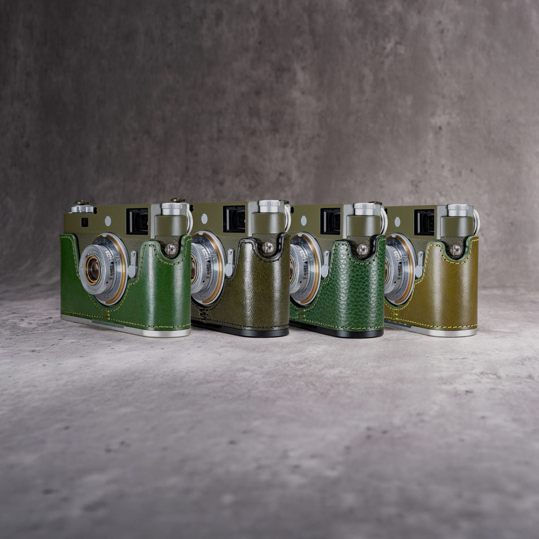 Four Leica cameras in green FlexCases: Emerald, Safari, Green Patina and Pine Green