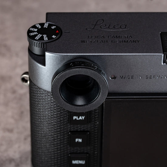 Black Chrome M-EyeKup installed on a Leica M viewfinder, top plate view