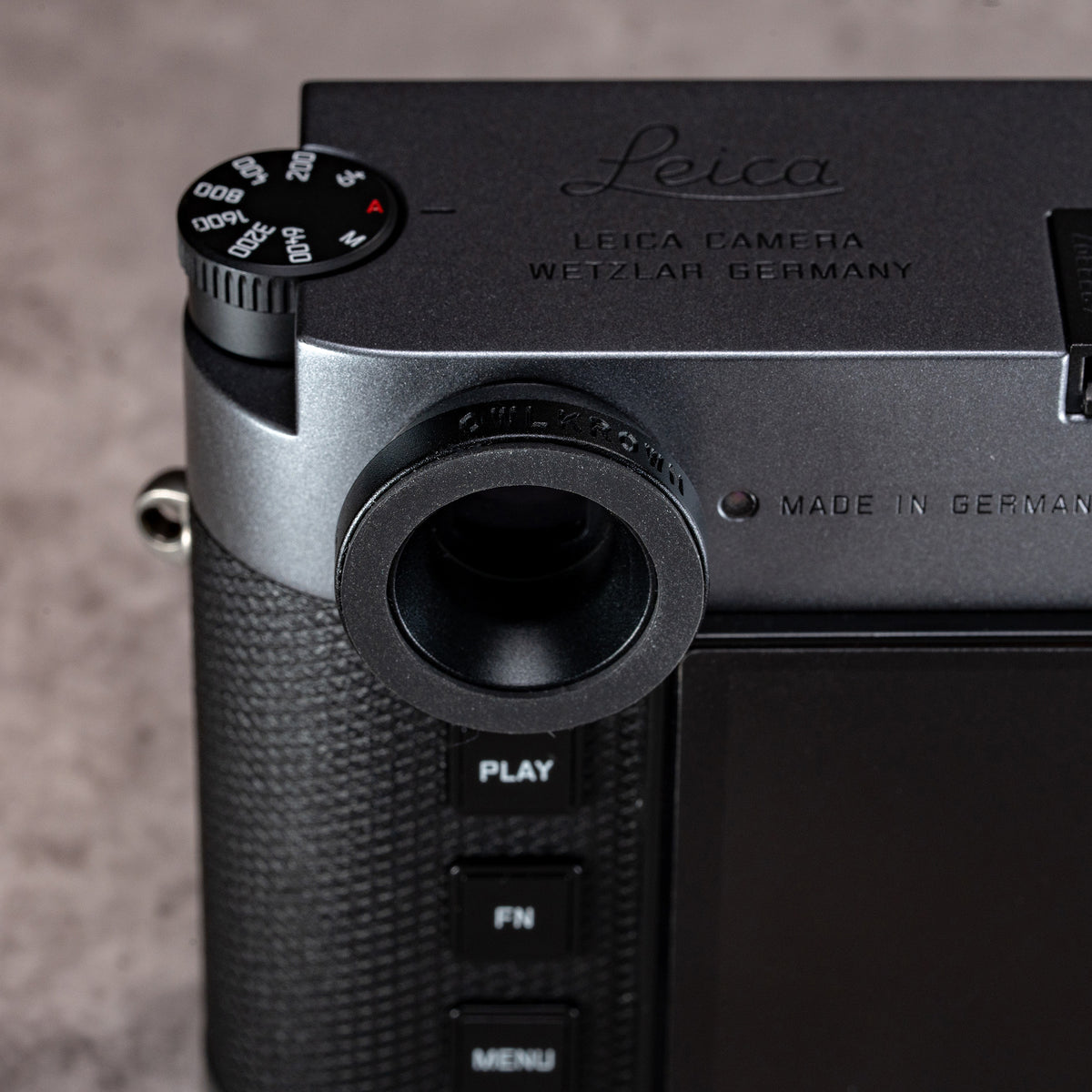 Black Chrome M-EyeKup installed on a Leica M viewfinder, top plate view