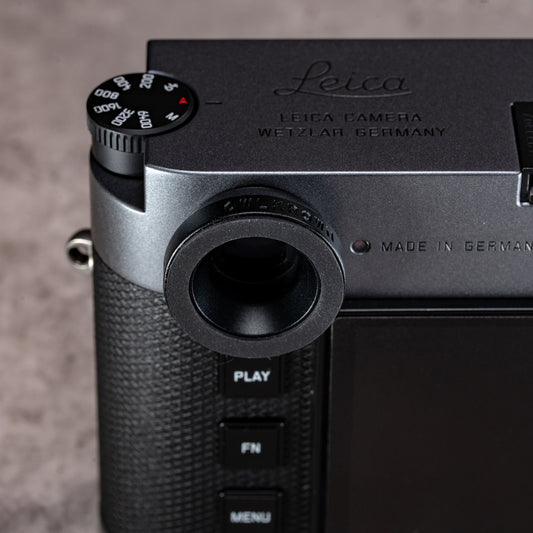 Black Chrome M-EyeKup installed on a Leica M viewfinder, top plate view