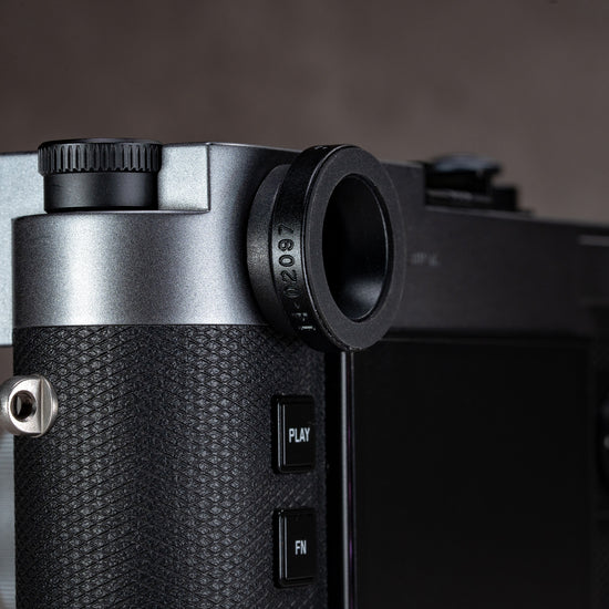 Side profile of the Black Chrome M-EyeKup fitted to a Leica M rangefinder