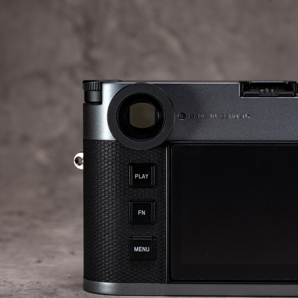 Rear view of a Leica M with the Black Chrome M-EyeKup on the rangefinder eyepiece