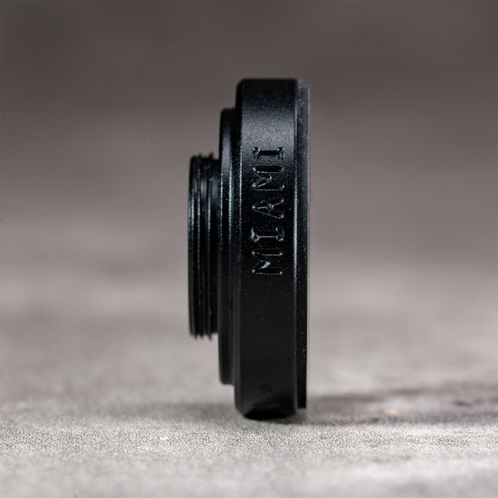 Side profile of the Owlkrown M-EyeKup in Black Chrome, machined in Miami