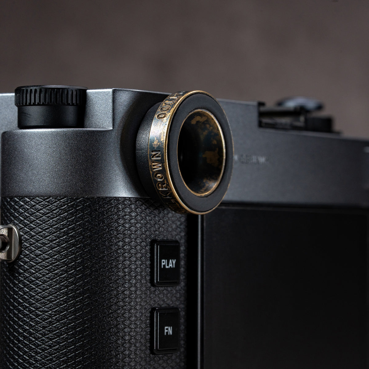 Side profile of the Black Patina M-EyeKup fitted to a Leica M rangefinder
